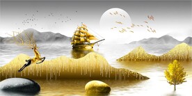 轻奢装饰画 山水石头麋鹿