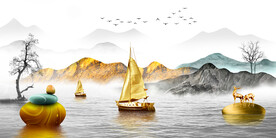 装饰画 山水石头麋鹿