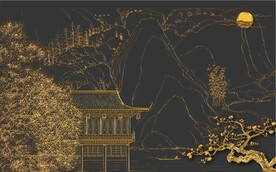 新中式金色山水风景玄关背景墙