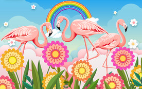 卡通彩虹火烈鸟花海儿童房背景墙