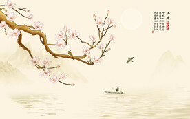 新中式工笔玉兰花鸟背景墙装饰画