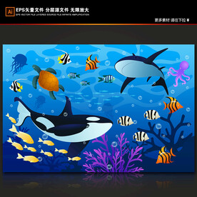 蓝色海底世界卡通鲸鱼热带鱼背景