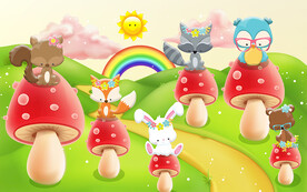 可爱卡通小动物蘑菇儿童房背景墙