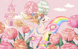 卡通独角兽城堡花海儿童房背景墙