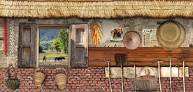 复古怀旧农家茅屋背景墙壁画