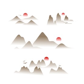 中式中国风水墨山水山纹飞鸟