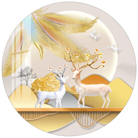 抽象山水金色羽毛麋鹿圆形装饰画