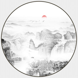 圆形水墨山水画