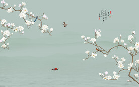 新中式工笔花鸟玉兰花背景墙