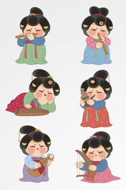 古代仕女弹奏乐器场景矢量元素