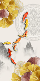 轻奢装饰画 水墨画 杏叶金鱼