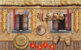 复古80后90后农村民居背景墙