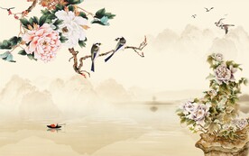 国画牡丹电视背景墙