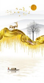 装饰画小船 新中式山水画 麋鹿