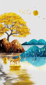 装饰画 新中式山水画 麋鹿