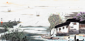 江南水乡水墨山水画