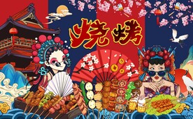 国潮美食烧烤背景墙图片