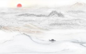 日出装饰画 新中式山水画 小船