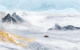 装饰画 新中式山水画 小船