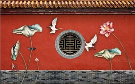 中式故宫红古建筑背景墙壁画