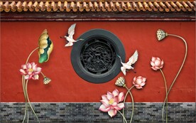 中式故宫红古建筑背景墙壁画