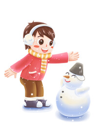 小男孩和雪人一起听音乐玩乐