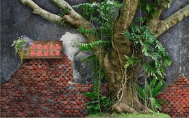 3D大树砖墙场景背景墙壁画