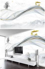 金鹿送福梦幻线条客厅沙发背景墙