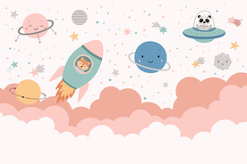 卡通火箭手绘太空星球儿童背景墙