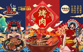 国潮风烤肉工装背景墙图片