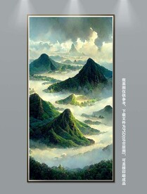 现代手绘绿色风景靠山玄关装饰画