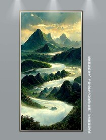 现代手绘绿色风景靠山装饰画