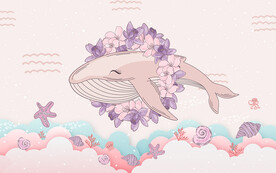 可爱卡通鲸鱼花环儿童房背景墙