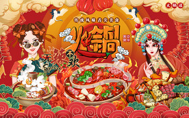 国潮无辣不欢火锅工装背景墙