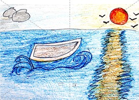 手绘夕阳海景蜡笔画