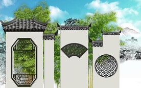 新中式徽派竹林建筑背景墙
