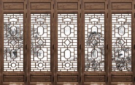 中式木窗格金色山水背景墙壁画