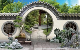 中式月亮门园林背景墙壁画