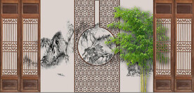 新中式竹林山水电视背景墙