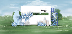 蓝白色户外婚礼迎宾区