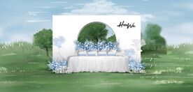 蓝白色户外婚礼签到区