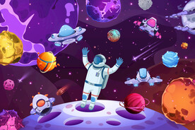 卡通太空宇航员火箭飞碟星球背景