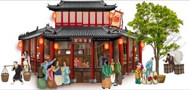 古代市井集市饭馆背景墙壁画