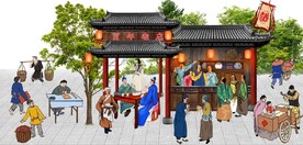 古代市井酒楼背景墙壁画