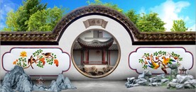 中式月亮门园林背景墙壁画