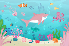 手绘鲨鱼卡通海底世界珊瑚背景墙