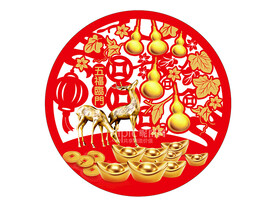 金色葫芦五福临门窗贴窗花