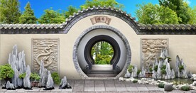 中式月亮门园林背景墙壁画