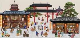 古代市井集市饭馆背景墙壁画图