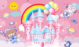 卡通星空城堡儿童房背景墙